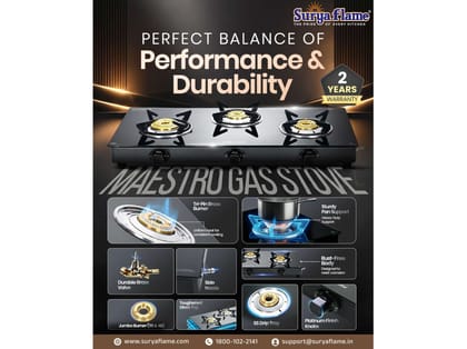 Surya Flame Maestro 4-Burner Gas Stove, Toughened Glass Cooktop, 1 Jumbo Burner + 3 Tri-Pin Brass Burners, Manual Ignition - Black