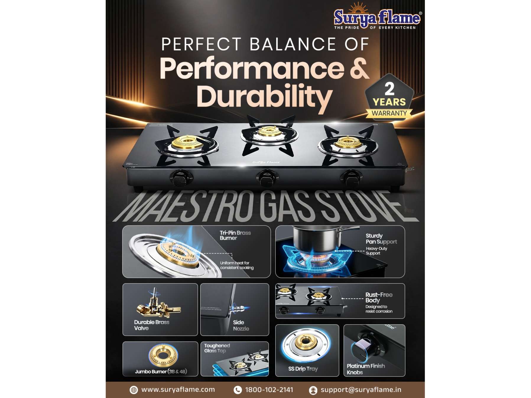 Surya Flame Maestro 4-Burner Gas Stove, Toughened Glass Cooktop, 1 Jumbo Burner + 3 Tri-Pin Brass Burners, Manual Ignition - Black