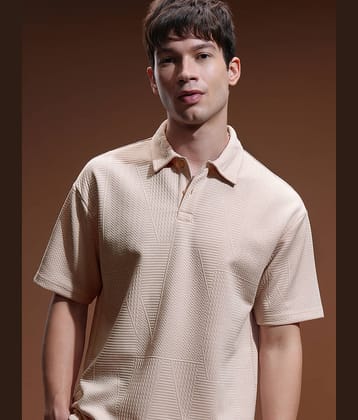 Highlander Men Polyester Relaxed Fit Self Design Polo T Shirt ( Peach )