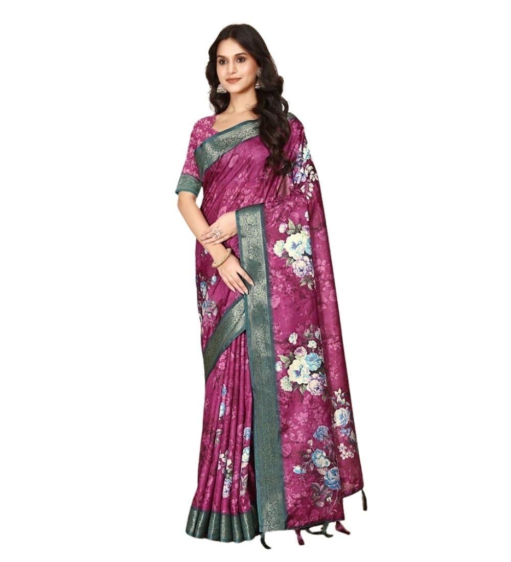 Women's Cotton Blend Floral Printed Saree With Unstitched Blouse 5.5Mtr (Multicolor)-PID66528