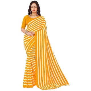 SVB Sarees Womens Yellow Colour Stripped Pure Georgette Printed Saree With Blouse Piece