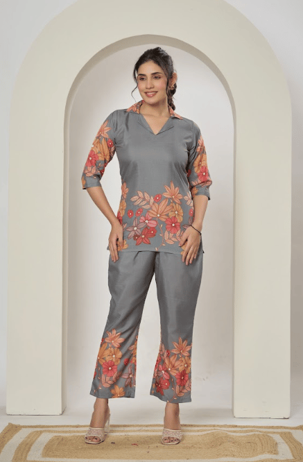 Floral printed cotton blend co-ord set with button-down top and matching trousers.