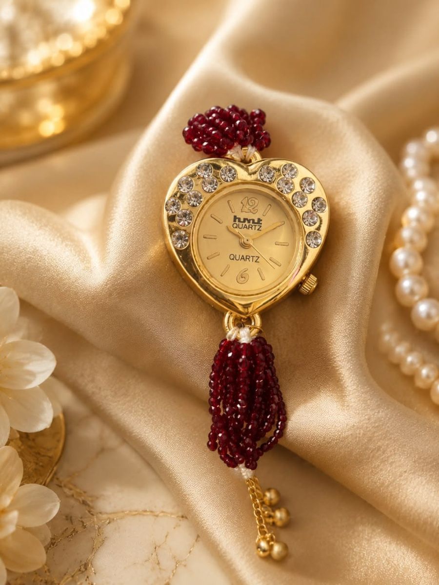 HMT Heart Shape Stone Studded Quartz Watch with Bead Tassels
