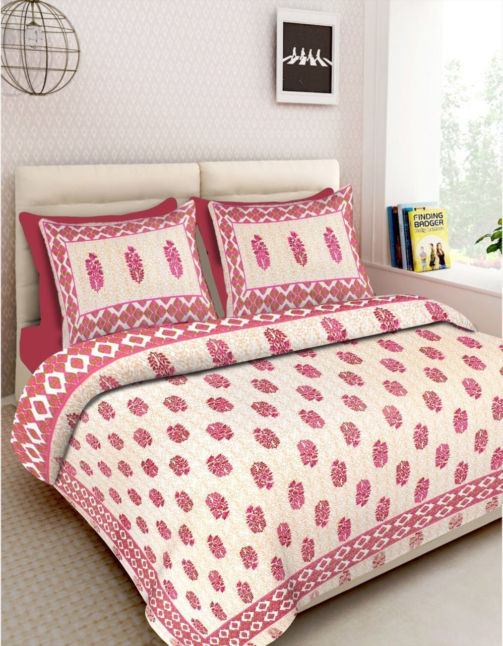 3001-Hometrade India-Standard King Size (90*108 Inches) Double Bedsheet With 2 Pillow Cover-RJ-14-Jaipur lining-3747