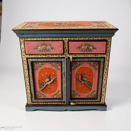 PREET GALLERY Hand-Painted Peacock Design Wooden Cabinet | Rajasthani Art Sideboard with 2 Drawers & Doors | Indian Traditional Painted Storage Chest