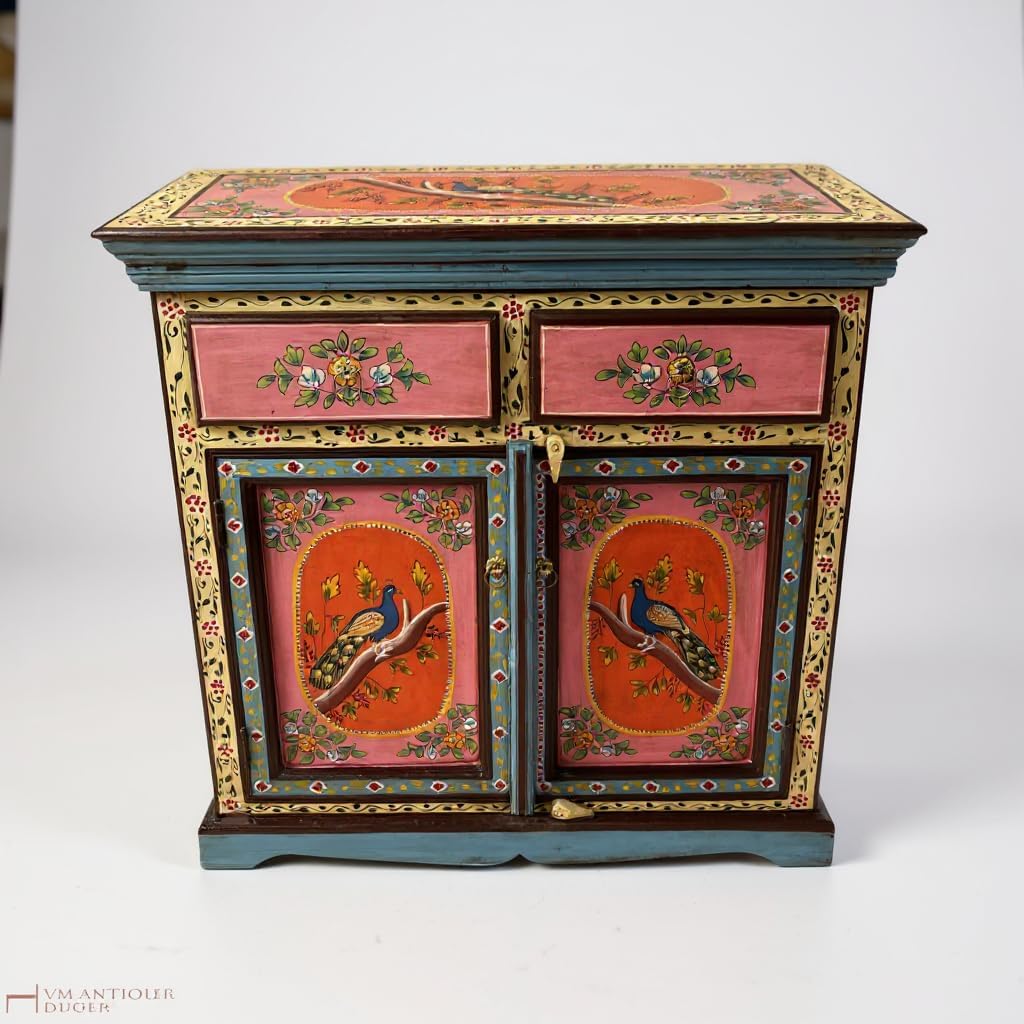 PREET GALLERY Hand-Painted Peacock Design Wooden Cabinet | Rajasthani Art Sideboard with 2 Drawers & Doors | Indian Traditional Painted Storage Chest