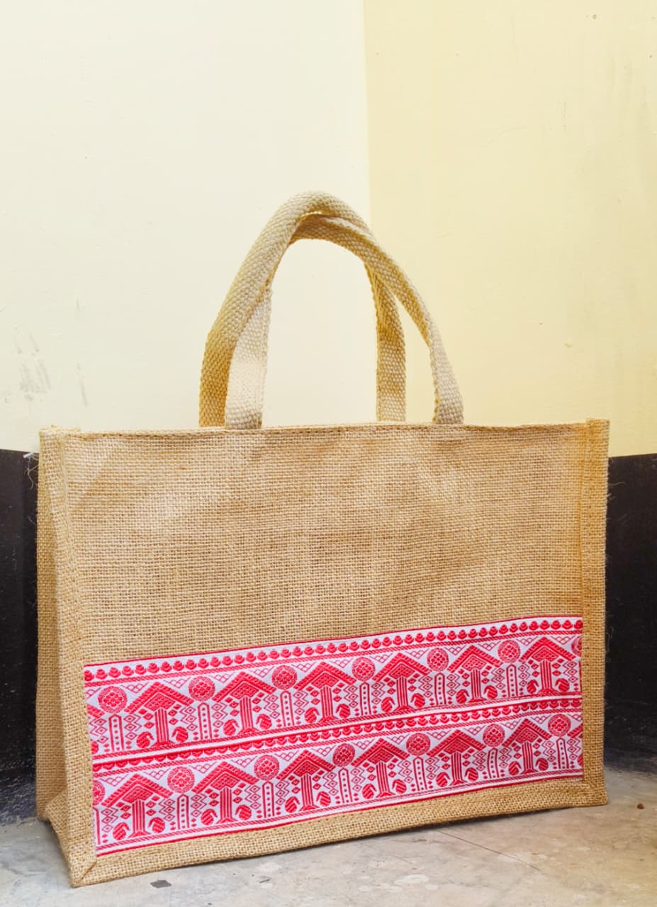 Jute bag with Assam's traditional motifs.