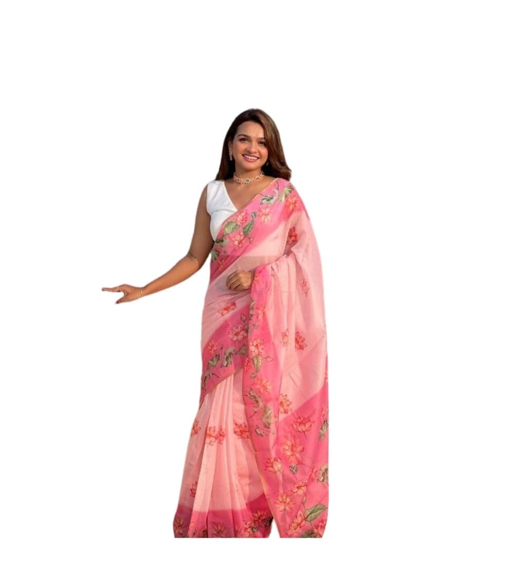 DARSHANS Women's Linen Printed Saree With Unstitched Blouse 5.5Mtr (Pink)-PID65202