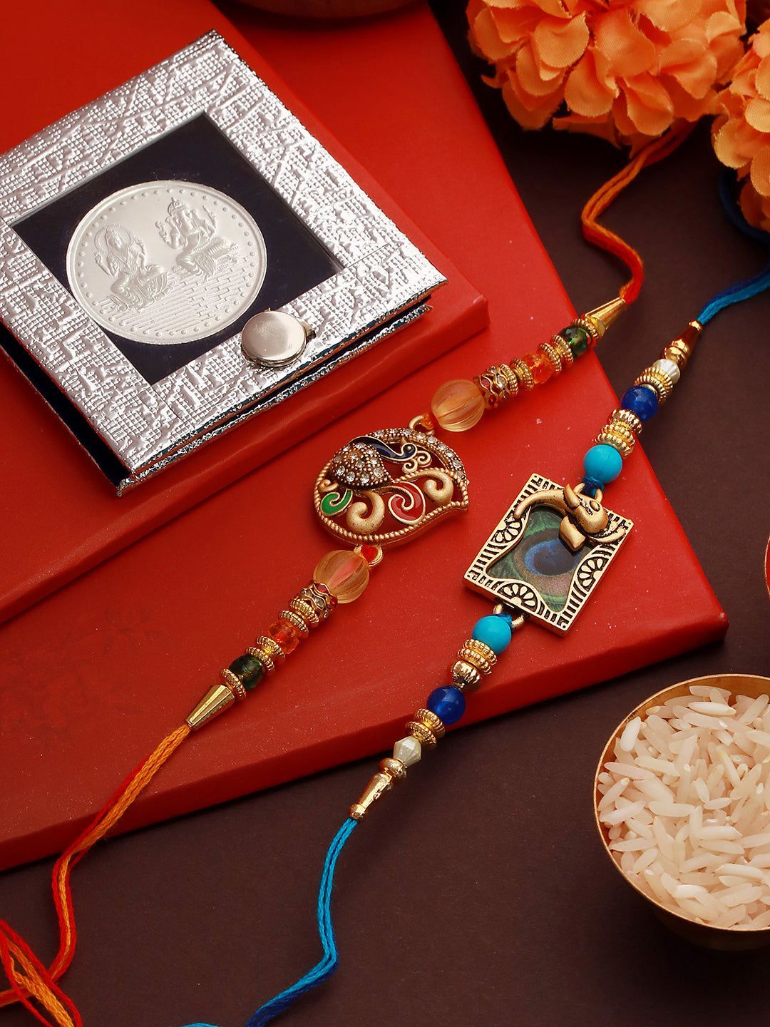 Set of 2 Kundan Studded Peacock Shaped Rakhi with 10 gram Shri Laxmi round 999 Round Silver Coin