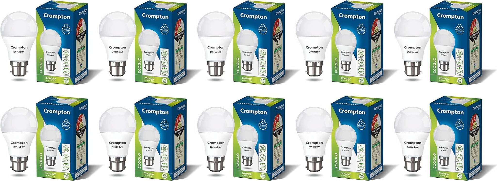 Crompton Dyna Ray 9W LED Bulb | Cool Day Light | B22 Base | 180 Coverage | 4kV Surge Protection | Pack of 10