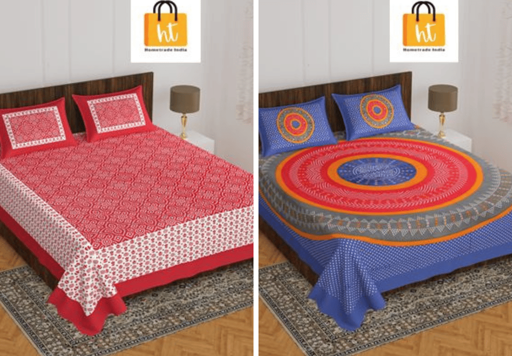 3001-Hometrade India-Standard King Size (90*108 Inches)-Pure Cotton Jaipuri Double Bedsheet With Matching Pillow Cover