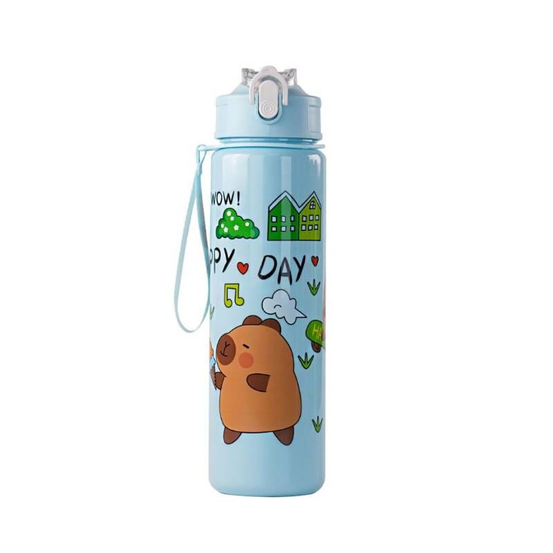 Happy Day Cartoon Print Plastic Water Bottle (Light Blue, 500ml) | Leak-Proof Drinkware | Daily Hydration