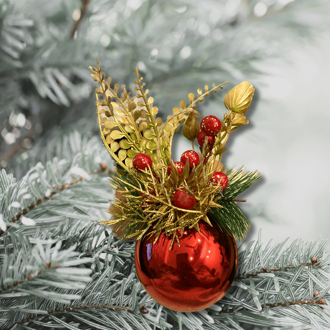 Christmas Tree Ornaments - Metallic Ball Hanging with Pine Red Cherry & Leaves - 1PC