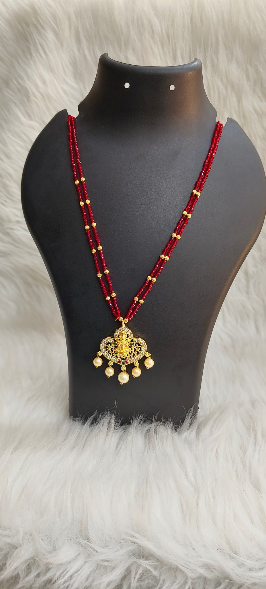 Traditional Indian Gold Plated Temple Pendant Necklace Set with Red Beads