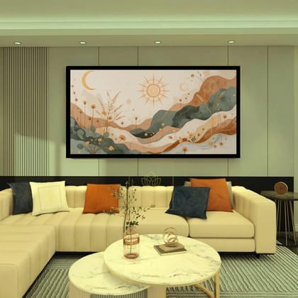 Luminary Golden Wilds – Sunlit Botanical Museum-Quality Cotton Canvas Painting for Living Room Décor | Frame Size (127 X 69 Cm) | Frame Type (Black) | 5-Year Warranty