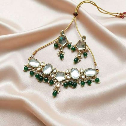 Green Kundan Choker Necklace Set with Earrings Women Traditional Jewellery