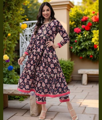 Pannkh - Navy Blue Polyester Women's Tiered Flared Kurti ( Pack of 1 )