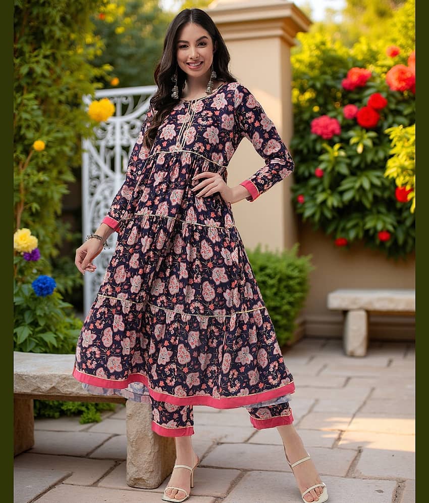 Pannkh - Navy Blue Polyester Women's Tiered Flared Kurti ( Pack of 1 )