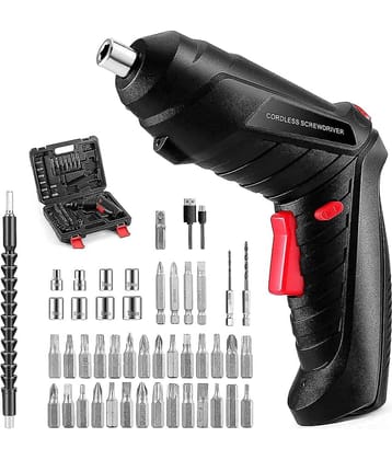 Shopper52 Electric Cordless Screwdriver Kit Set with USB Cable & Rechargeable Battery | Lightweight Design With LED Light | Screwing & Drilling Set For Home, Office & DIY Projects - Black