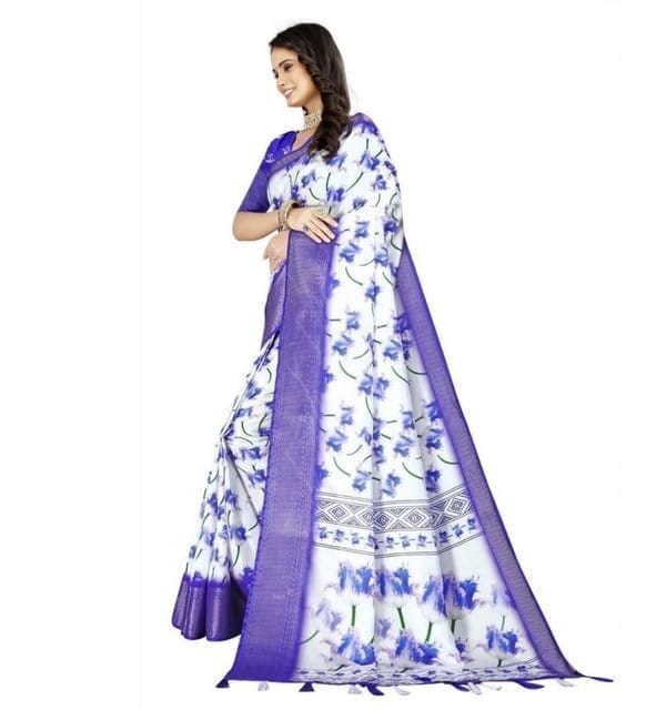 Women's Cotton Silk Floral Printed Saree With Unstitched Blouse 5.5Mtr (Blue)-PID66699