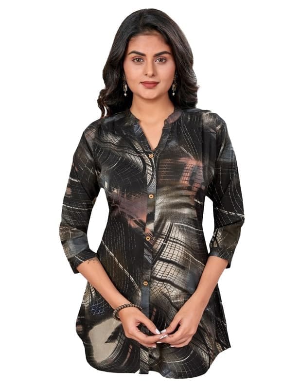 Women's Rayon Mandarin Collar 3/4 Sleeves Short Top (Black, L)-PID56255