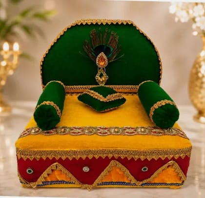 Patitapaban Laddu Gopal Sofa Cum Sinhasan with 3 Cushions & Peacock Patch | Wooden All Purpose Chowki (Green, Yellow, Gold, Pack of 1)