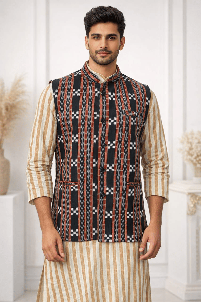Bivabari Sambalpuri Handloom Nehru Jacket | Black | S | Ikat Pattern, Cotton Fabric | Ethnic Wear