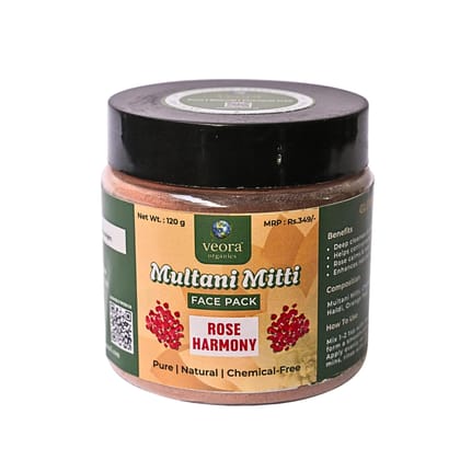 Veora Organics Multani Mitti Face Pack  Rose Harmony | Natural Skin Brightening Face Mask with Rose Petals & Orange Peel | Deep Cleansing, Oil Control & Tan Removal | Pure Chemical-Free Herbal Skincare | 120g