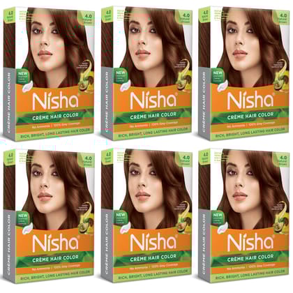 Nisha Creme Hair Color Natural Brown 40gm Pack of 6, Permanent Hair Color for Women Men, No Ammonia, 100% Grey Coverage