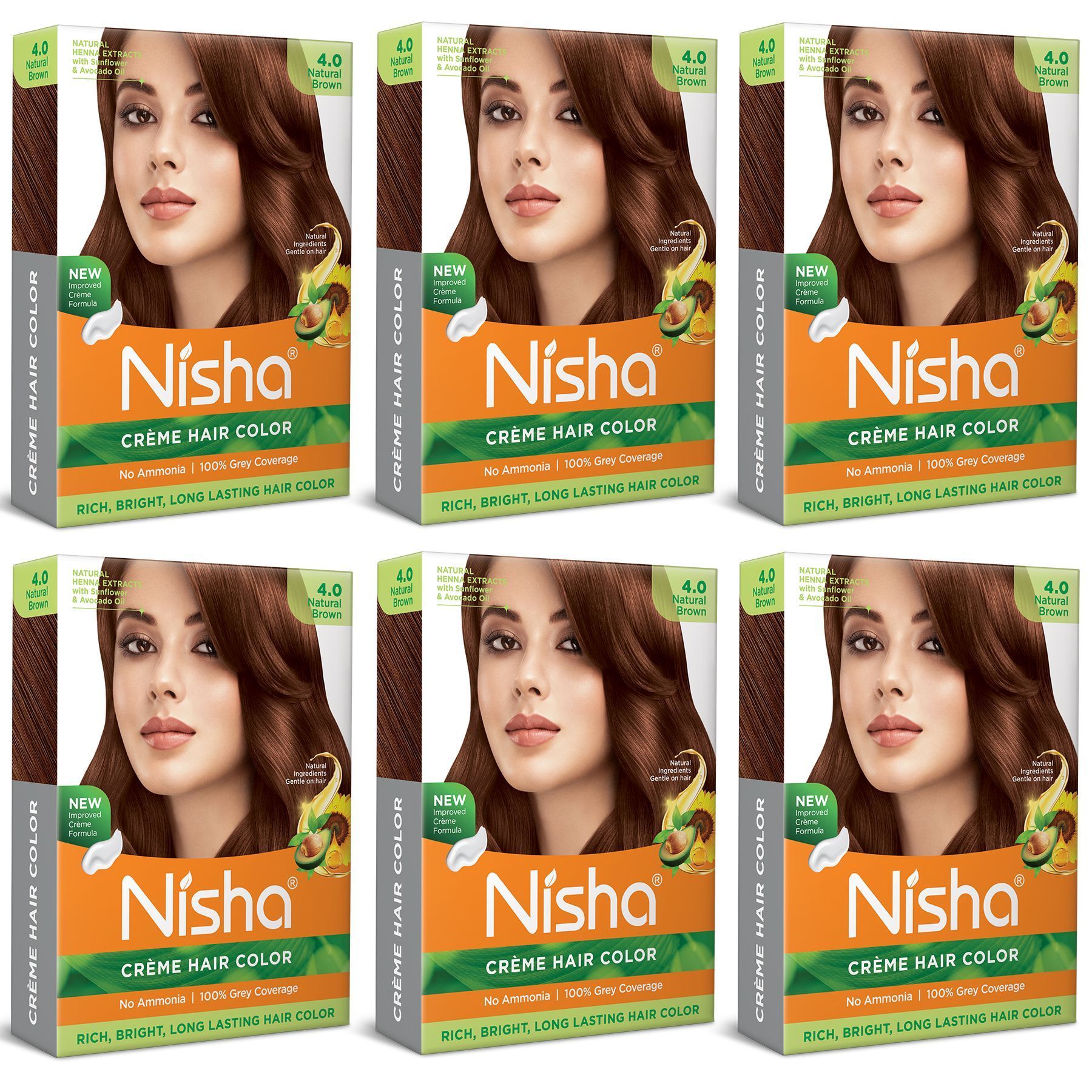 Nisha Creme Hair Color Natural Brown 40gm Pack of 6, Permanent Hair Color for Women Men, No Ammonia, 100% Grey Coverage