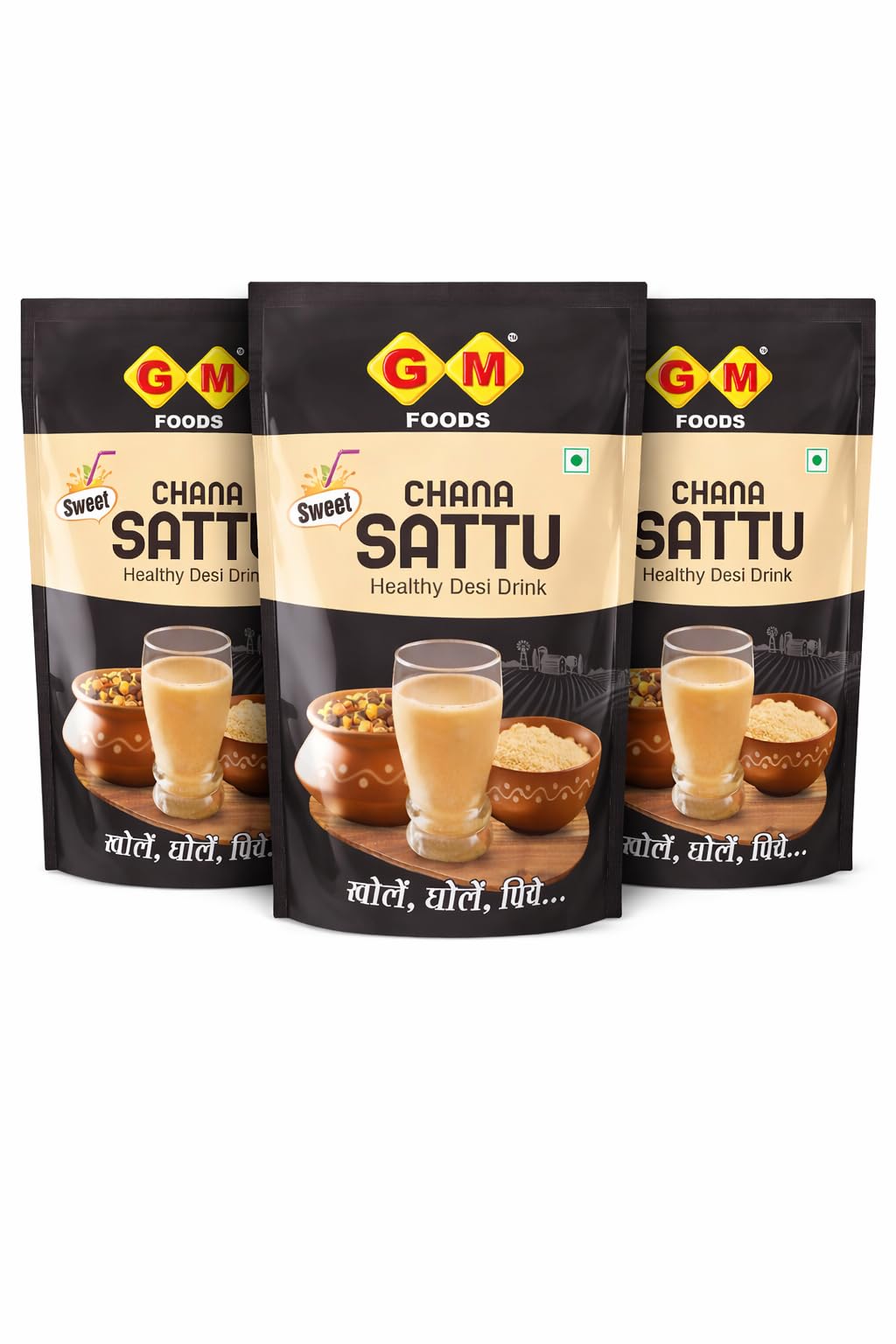 GM Foods Sweet Chana Sattu Flour 200 Gram (Pack of 3) | High Protein & Fiber | Natural Atta for Drinking & Cooking | Roasted Black Chana Flour | Sattu Powder for Summer