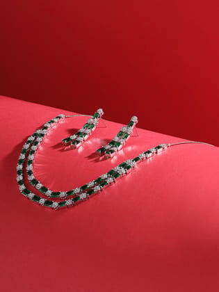 White Silver Plated Green AD Double layer Statement Jewellery Set