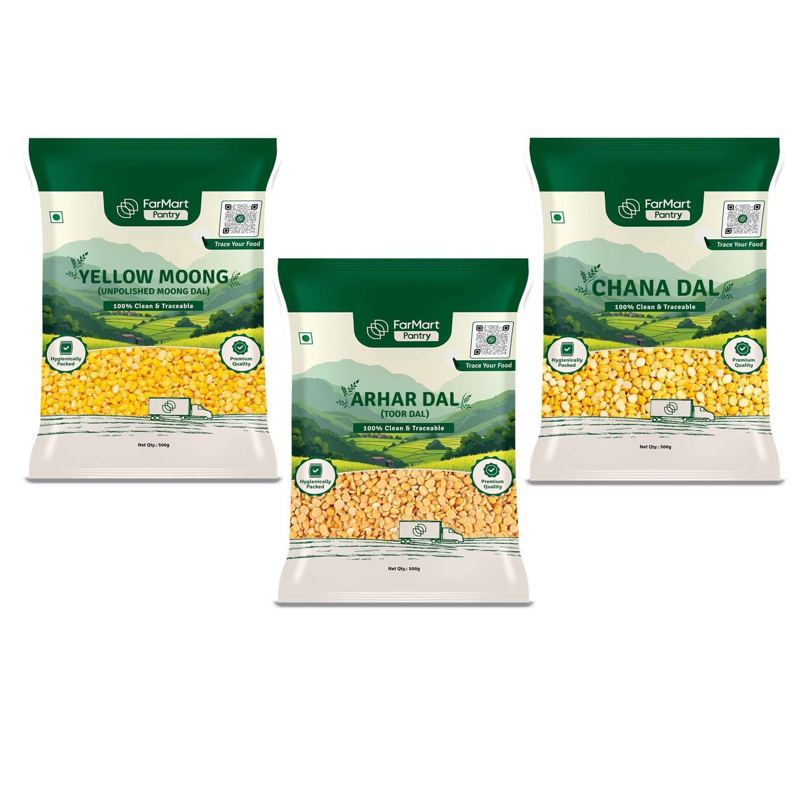 FarMart Pantry Essentials Dal - Chana Dal, Toor Dal & Yellow Moong Dal| Pure & Unpolished | Rich in Taste & Nutrition