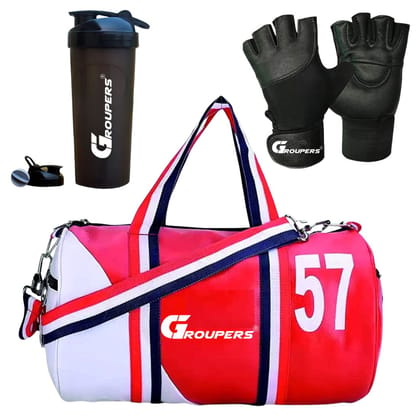 GROUPERS Duffle PU Leather Bag with Wrist BandlGym Bags(5N-SWSD-GLVS-57-RDWHT) GROUPERS Duffle PU Leather Bag with Wrist BandlGym Bags(5N-SWSD-GLVS-57-RDWHT)