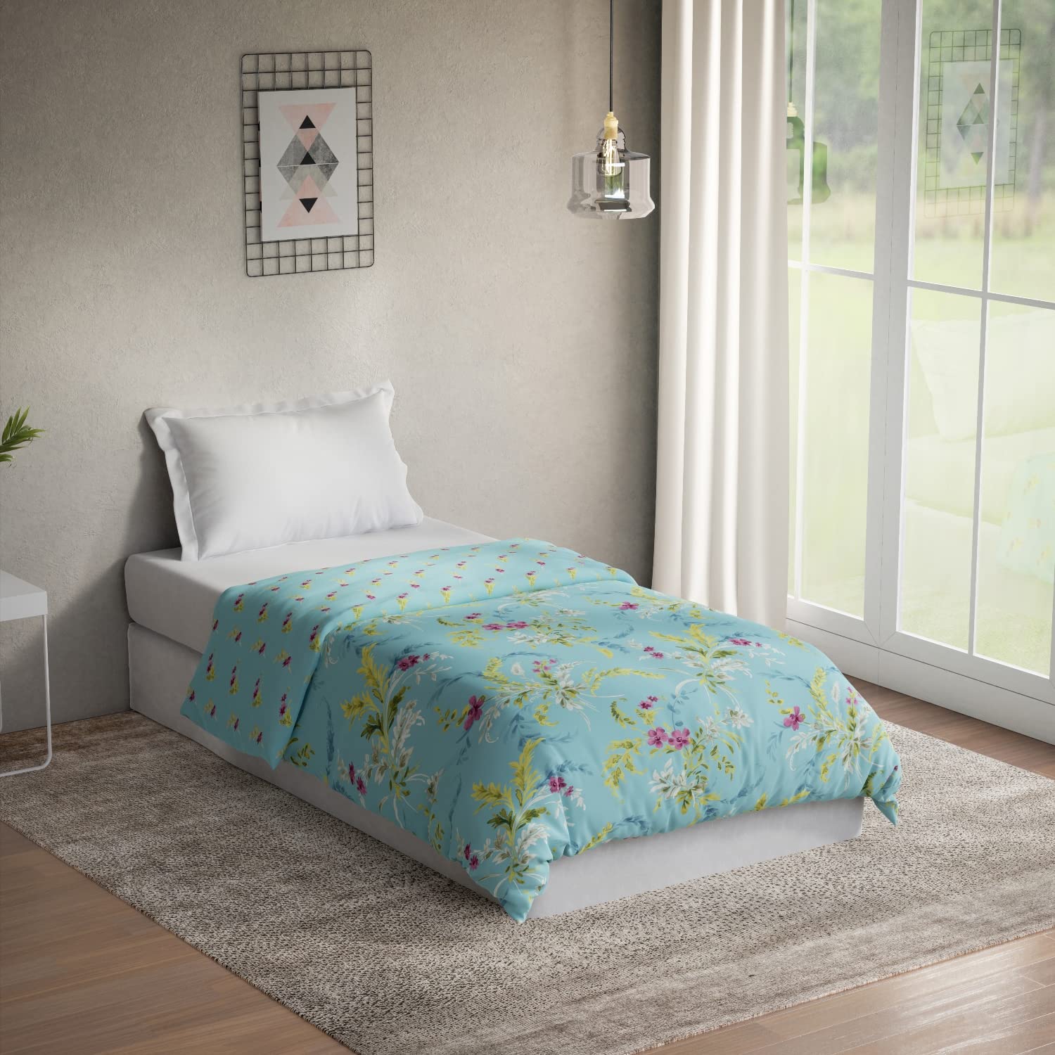 DDECOR - Optima Collection 100% Cotton Floral Pattern 136TC Single Quilt|152 CM X 229 CM| - Blue
