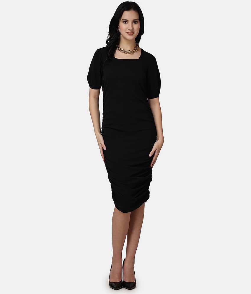 POPWINGS Women Polyester Printed Fit & Flare Dress ( Black )