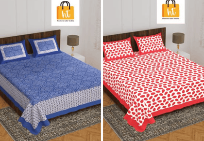 2201-Hometrade India- Standard Double Size (90*100 in )-Combo Jaipuri Double bedsheet With Matching Pillow Cover