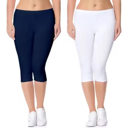 Women Cotton Lycra Capri Leggings Pack of 2 | Stretchable Knee Length Capri Pants for Women | Slim Fit Casual Summer Capri Tights | Navy Blue & White