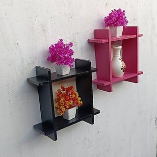 Onlinecraft Wall Rack Shelf Wooden Wall Shelf (Number Of Shelves - 4, Black, Pink)