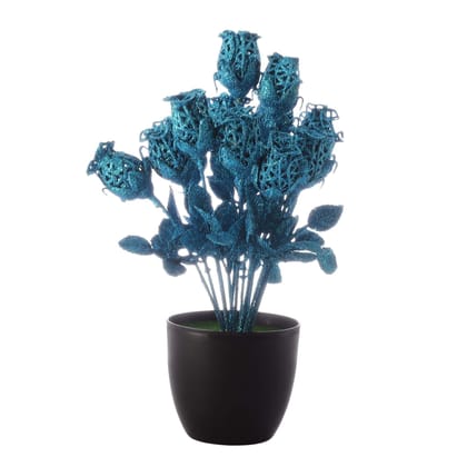 Foliyaj Blue Spray Painted Artificial Spiral Rose Plant with Pot