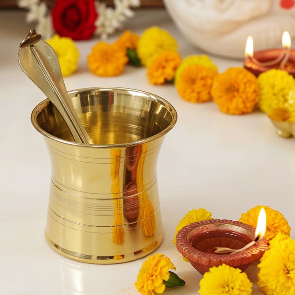 Brass Panchpatra – Traditional Pooja Water Pot for Temple & Rituals, Height : 2.7 Inch (ZMAS634 C)