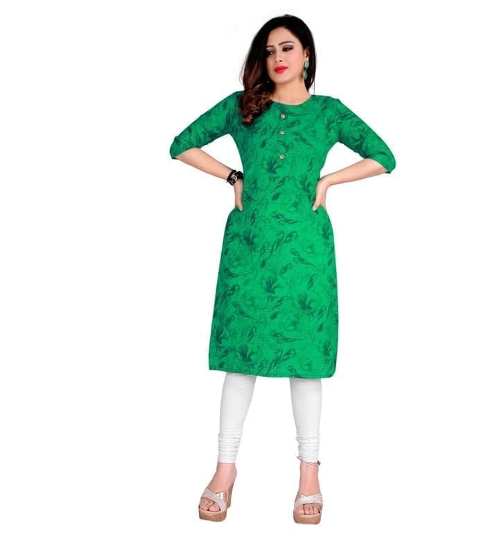 Women's Casual 3/4th Sleeve Printed Cotton Kurti (Green, S)-PID46126