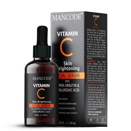 Mancode Vitamin C Facial Serum 50ml | Anti-Aging Serum with Vitamin E & Hyaluronic Acid | Wrinkle Reduction, Brightening & Hydrating Face Serum