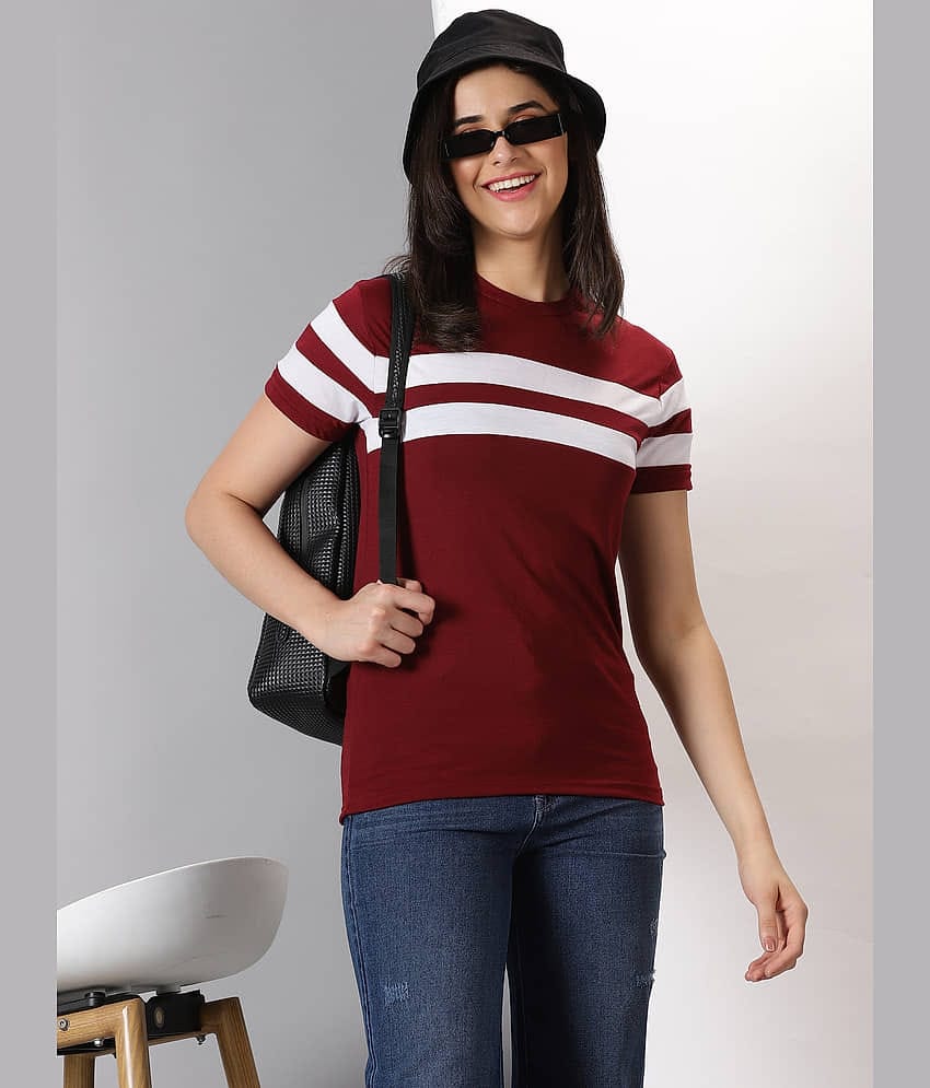 AUSK Women Cotton Blend Striped Regular Fit Round Neck T-Shirt ( Maroon )