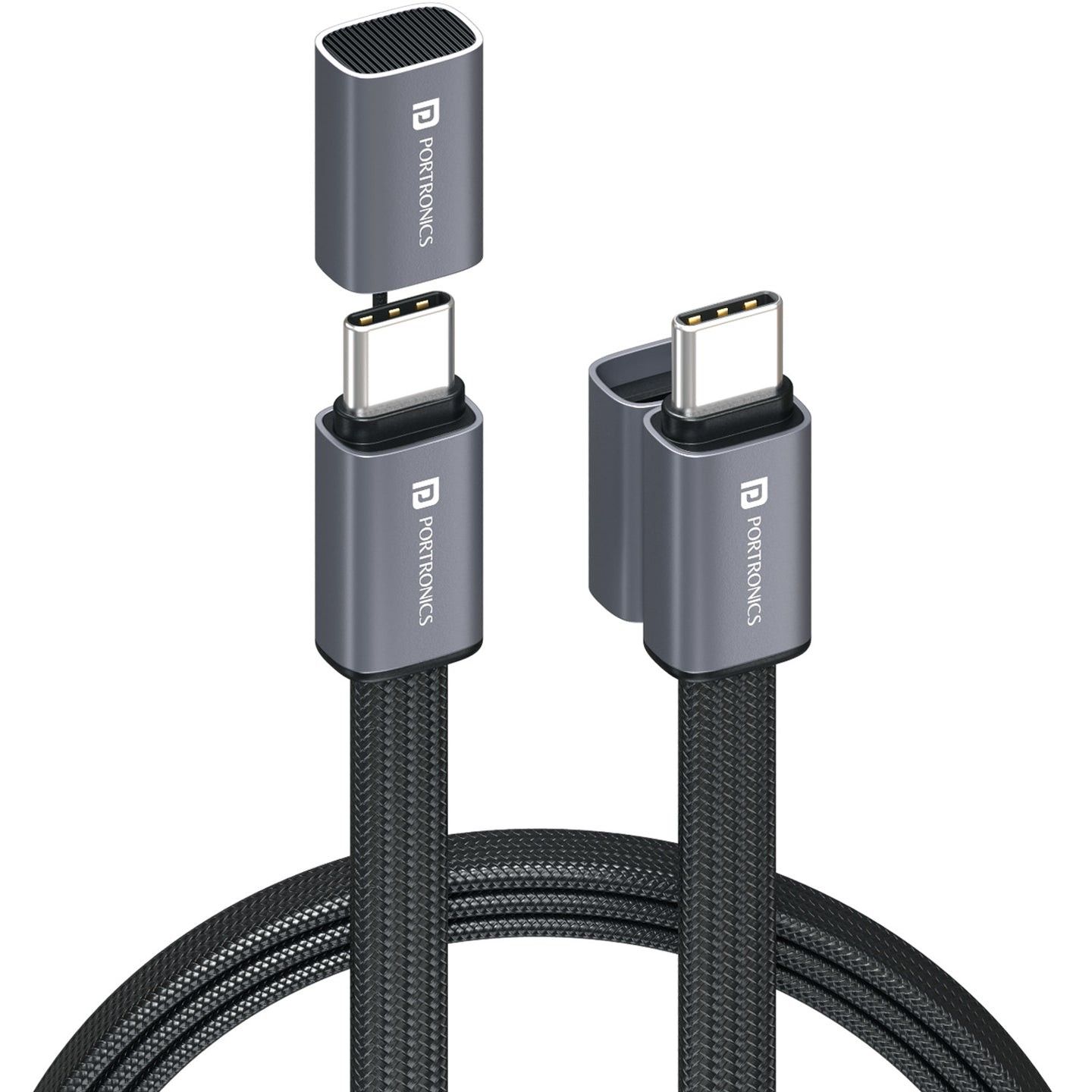 Portronics Safelink 60W Type-C Fast Charging Cable with Magnetic Cover, Flat Braided Cable, 60W Max Output, Flat Braided Cable, 1.2M Cable Length - Black