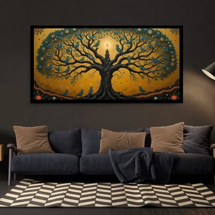 Luminary Wisdom’s Canopy – Sunlit Branches and Bluebirds Museum-Quality Cotton Canvas Painting for Study Room Décor | Frame Size (127 X 69 Cm) | Frame Type (Black) | 5-Year Warranty