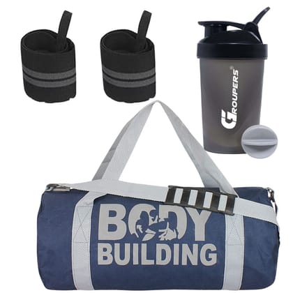GROUPERS Duffle Canvas Bag with Shaker Bottle-400ml & Wrist BandlSports and Travel BaglSports Kitl (Blue)