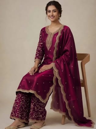 UneR Women's 3 Piece Embroidered Kurta Set | Kurta, Palazzo & Dupatta | Festive & Ethnic Wear