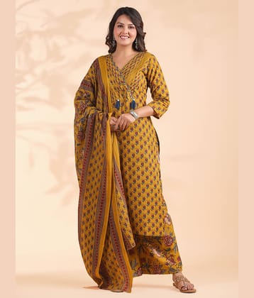 Vbuyz Women Cotton Printed Straight Kurti With Palazzo ( Mustard )