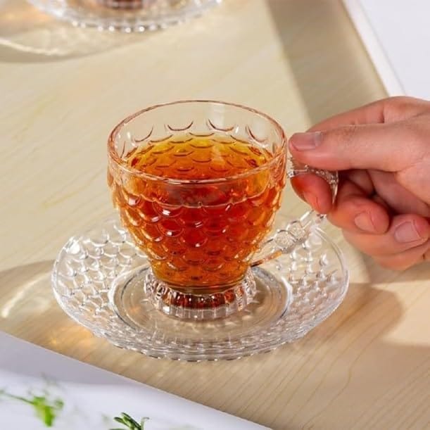 Glass Tea Cup & Saucer Set | Coffee Mug with Handle | Borosilicate Glass Cup for Coffee, Milk, Green and Lemon Tea | 6 Cup and 6 Saucer | Perfect for Gift | 12 Piece Set